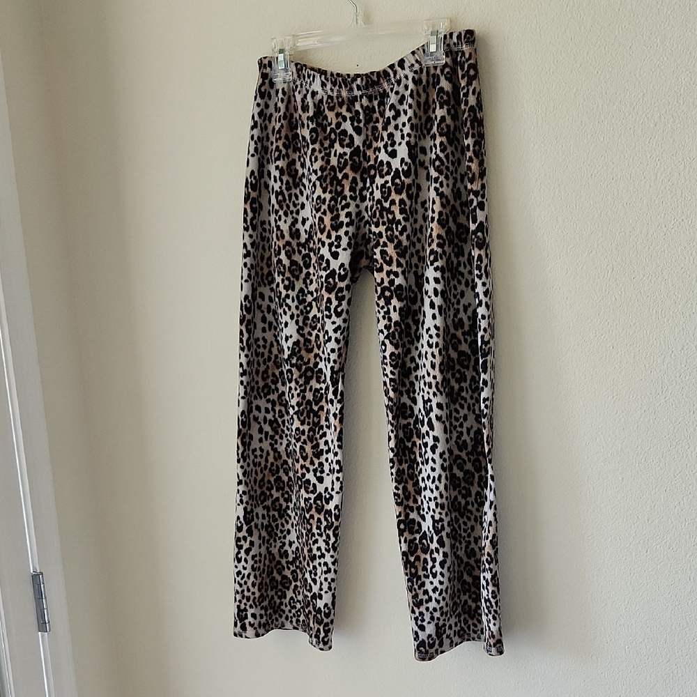 Covington Leopard Print Brown Black Fleece Slightly Wide Leg Pants Sz S Comfy